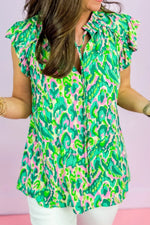Abstract Print Ruffled Trim Tie Neck Top