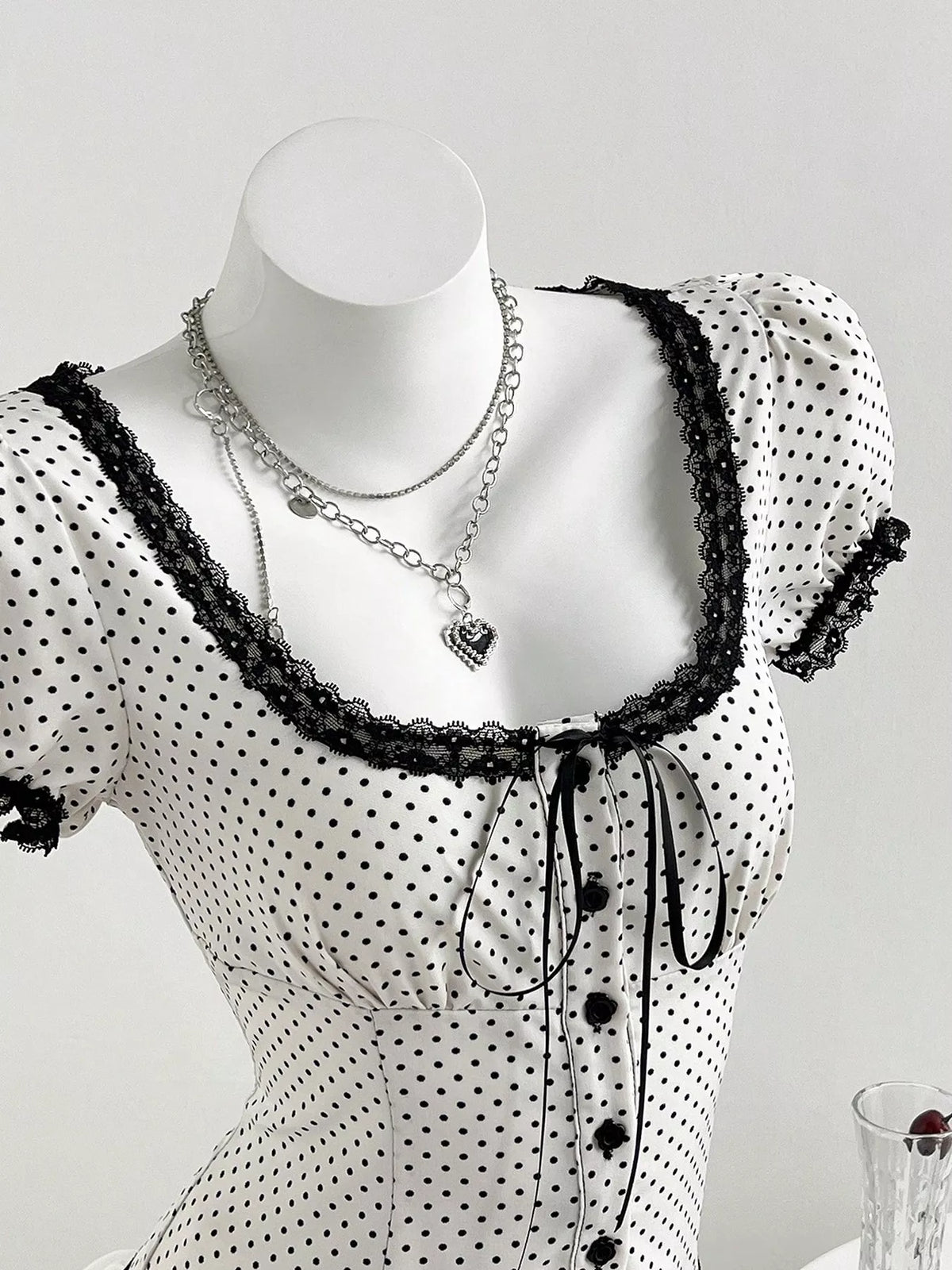 Polka Dot Lace Trim Puff Sleeve Top