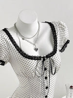 Polka Dot Lace Trim Puff Sleeve Top