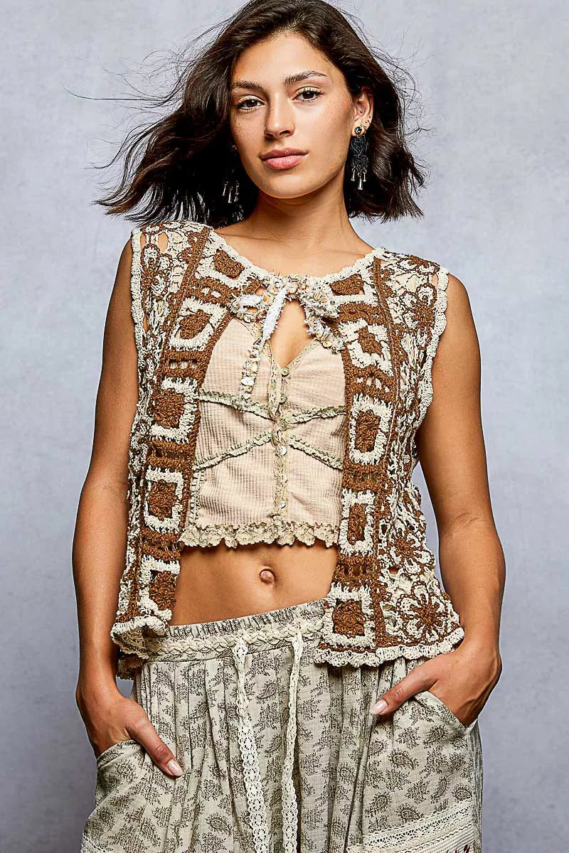 POL Tie Front Floral Pattern Crochet Vest with Scalloped Edge