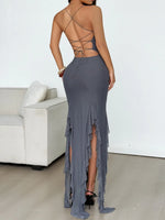 Ruffle Hem Lace Up Bodycon Cami Dress - Ladyez