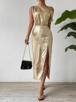 Honey Slit One Shoulder Short Sleeve Midi Dress - Ladyez