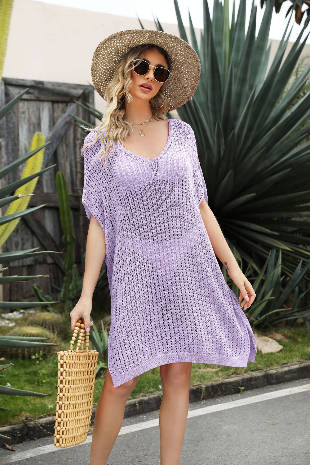 Openwork Side Slit Cover-Up Dress - Ladyez