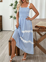 Striped Smocked Lace Trim Midi Dress