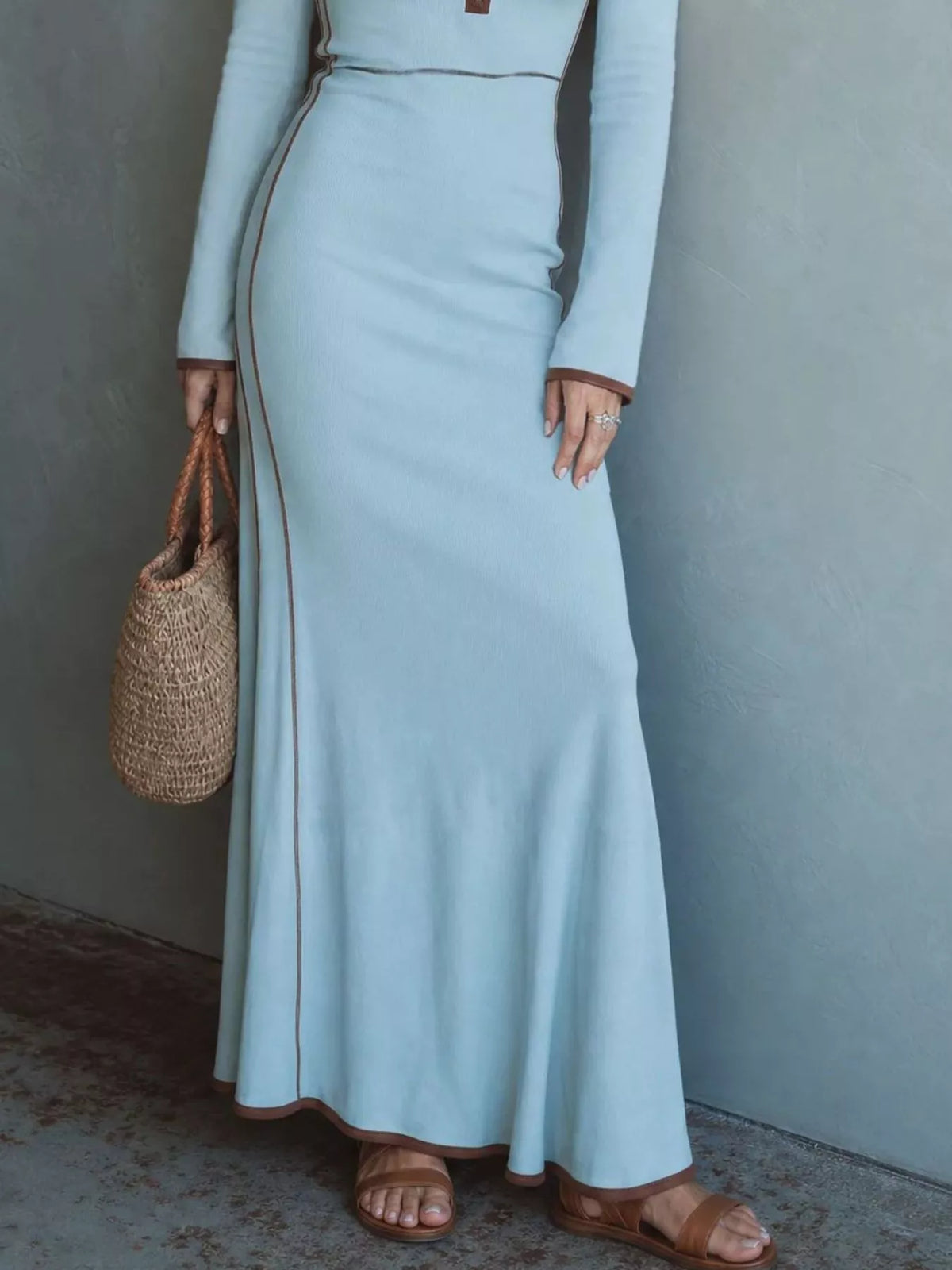 Full Size Contrast Trim Zip-Up Long Sleeve Knit Maxi Dress Plus Size