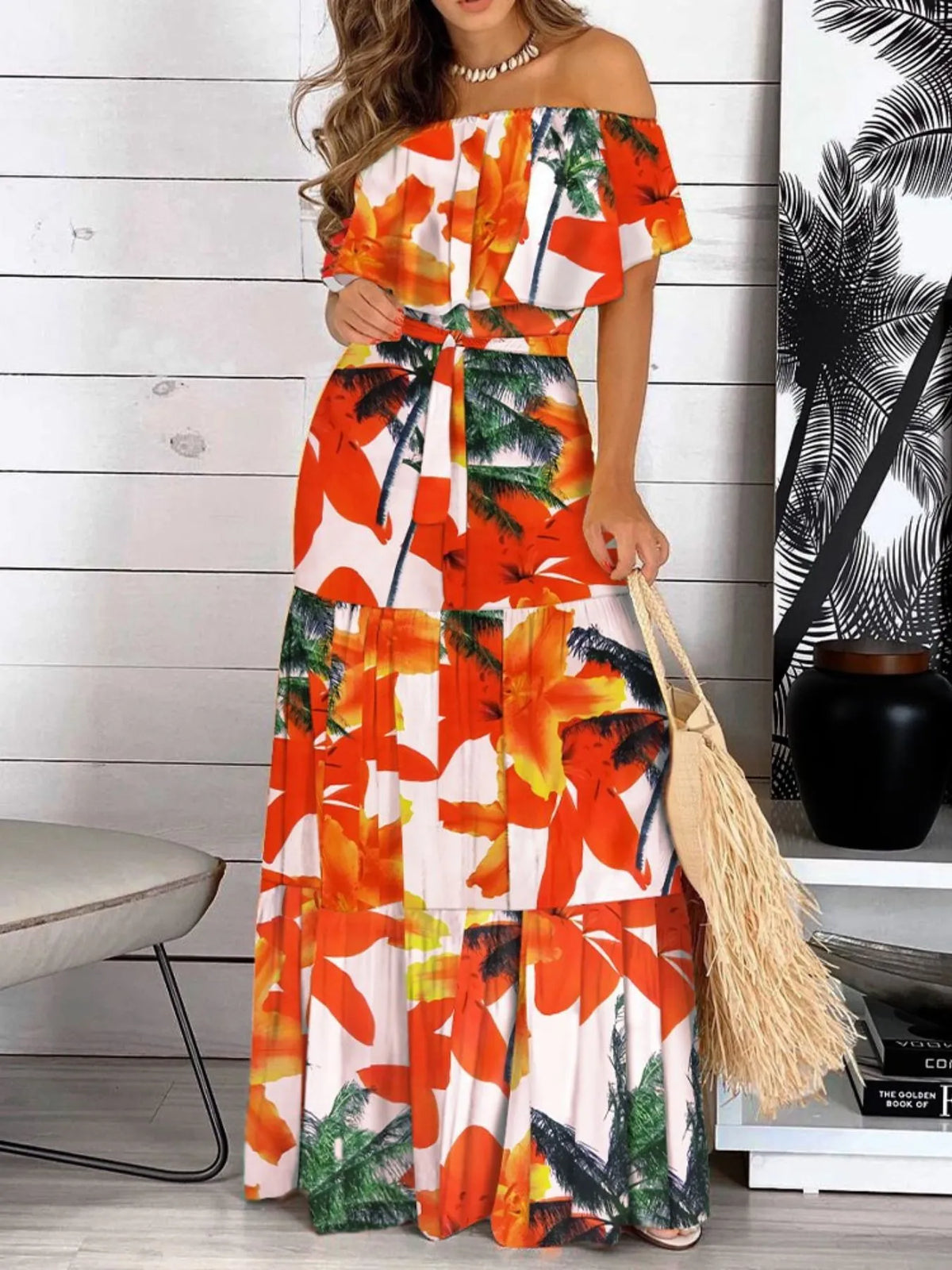Printed Off Shoulder Maxi Dress - Ladyez