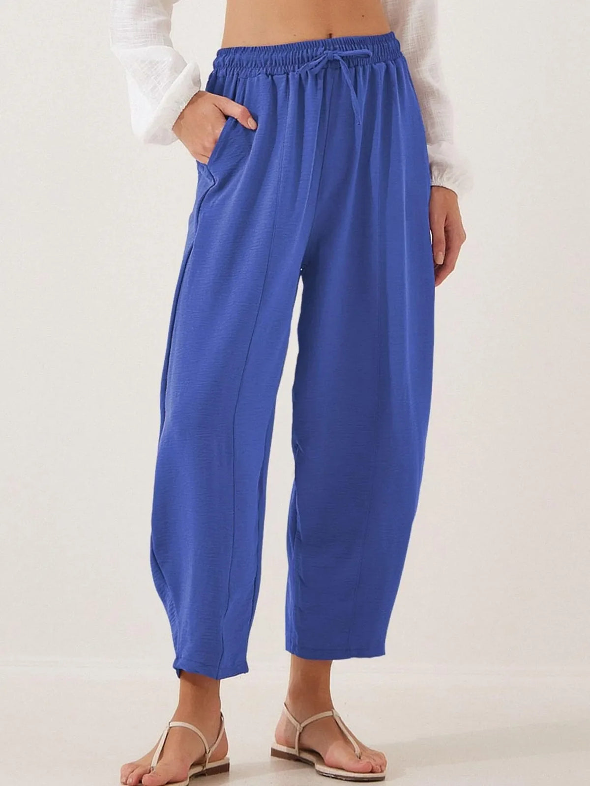 Full Size Drawstring Wide Leg Cropped Pants Plus Size