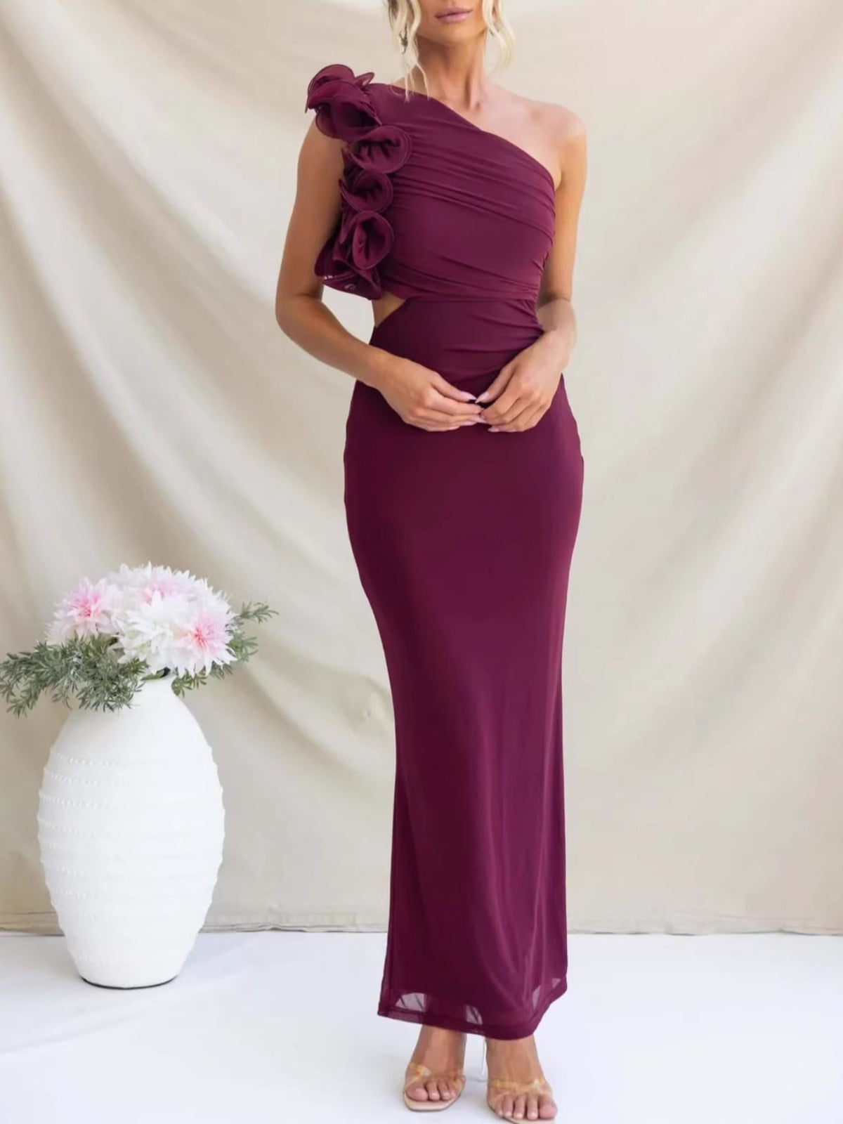 One-Shoulder Floral Trim Sleeveless Maxi Dress