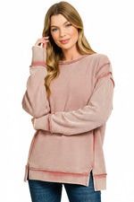 Zenana Acid Washed Double Ribbed Exposed-Seam Sweatshirt