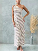 One Shoulder Striped Maxi Dress - Ladyez