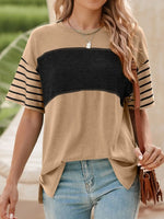 Color Block Striped Sleeve Casual T-Shirt - Ladyez