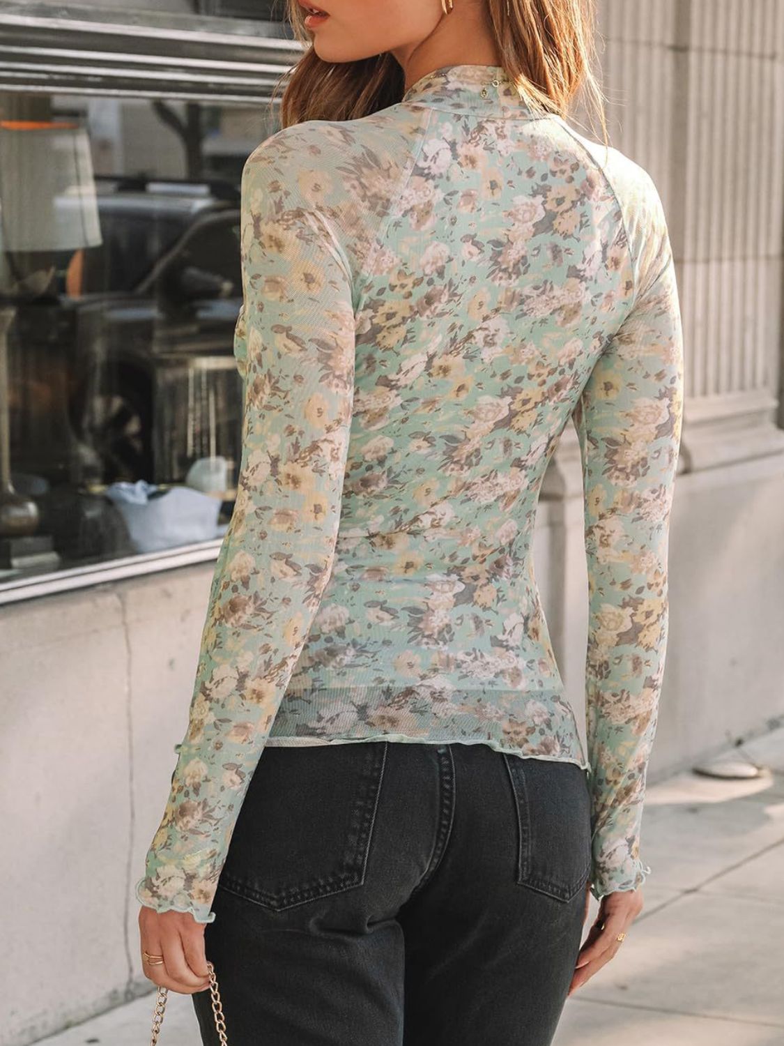 Floral Mock Neck Long Sleeve T-Shirt - Ladyez