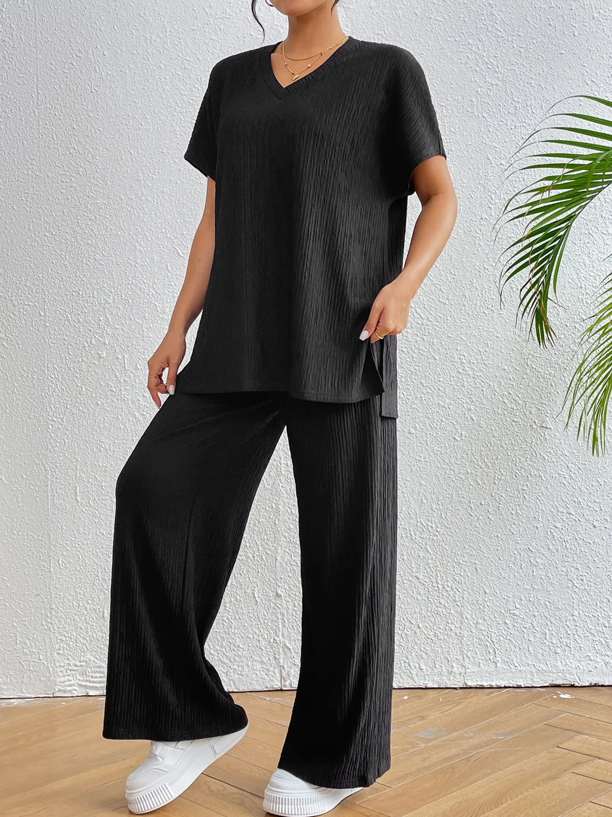 V-Neck Short Sleeve Top and Pants Set