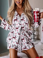 Printed Collared Neck Long Sleeve Top and Shorts Lounge Set - Ladyez