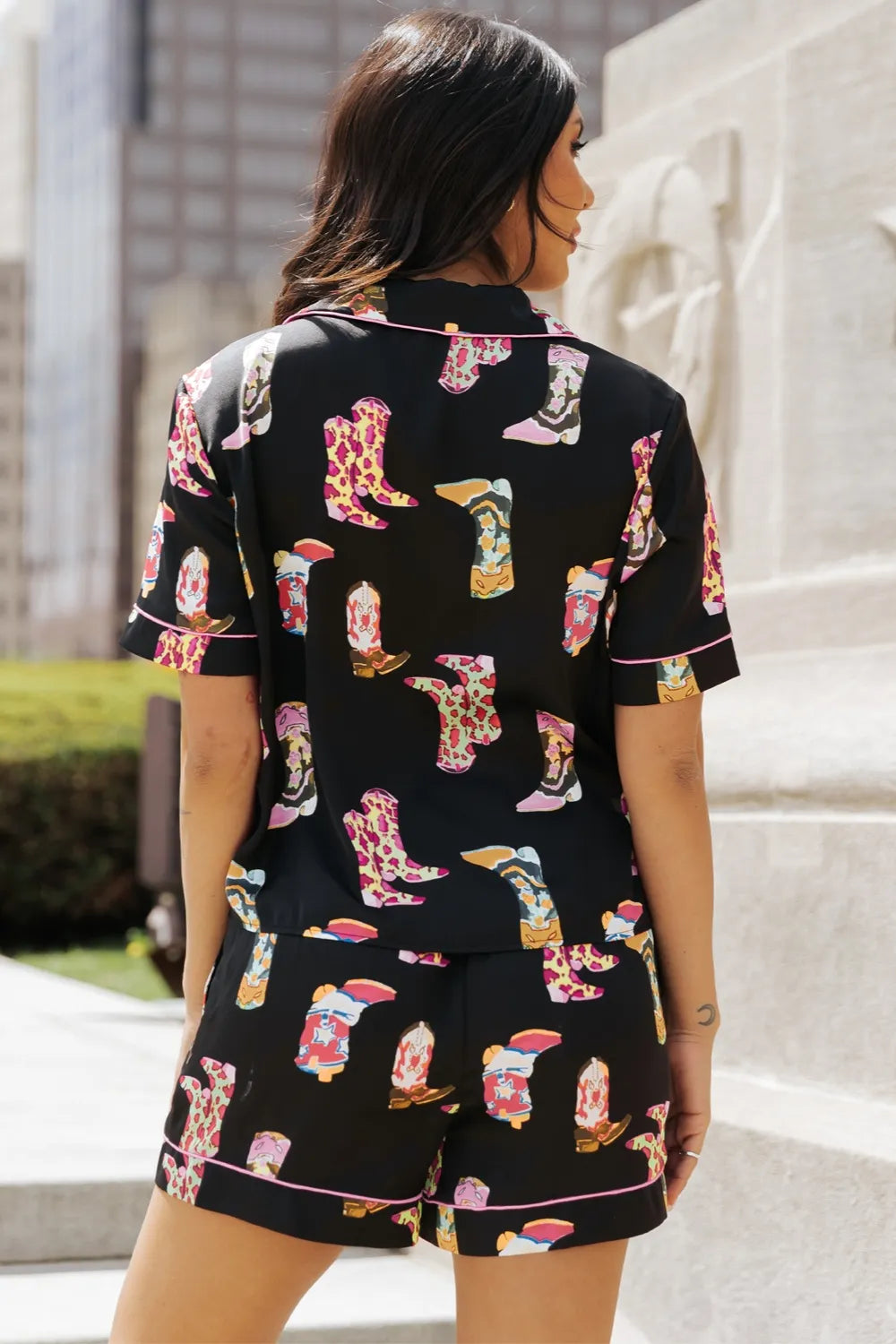Printed Button Up Short Sleeve Top and Shorts Lounge Set - Ladyez