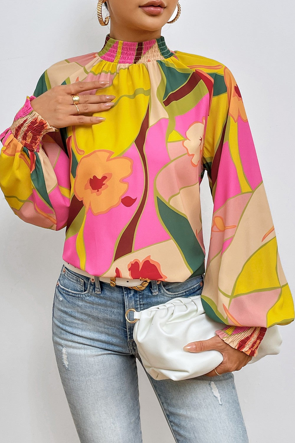 Floral Smocked Lantern Sleeve Mock Neck Blouse - Ladyez