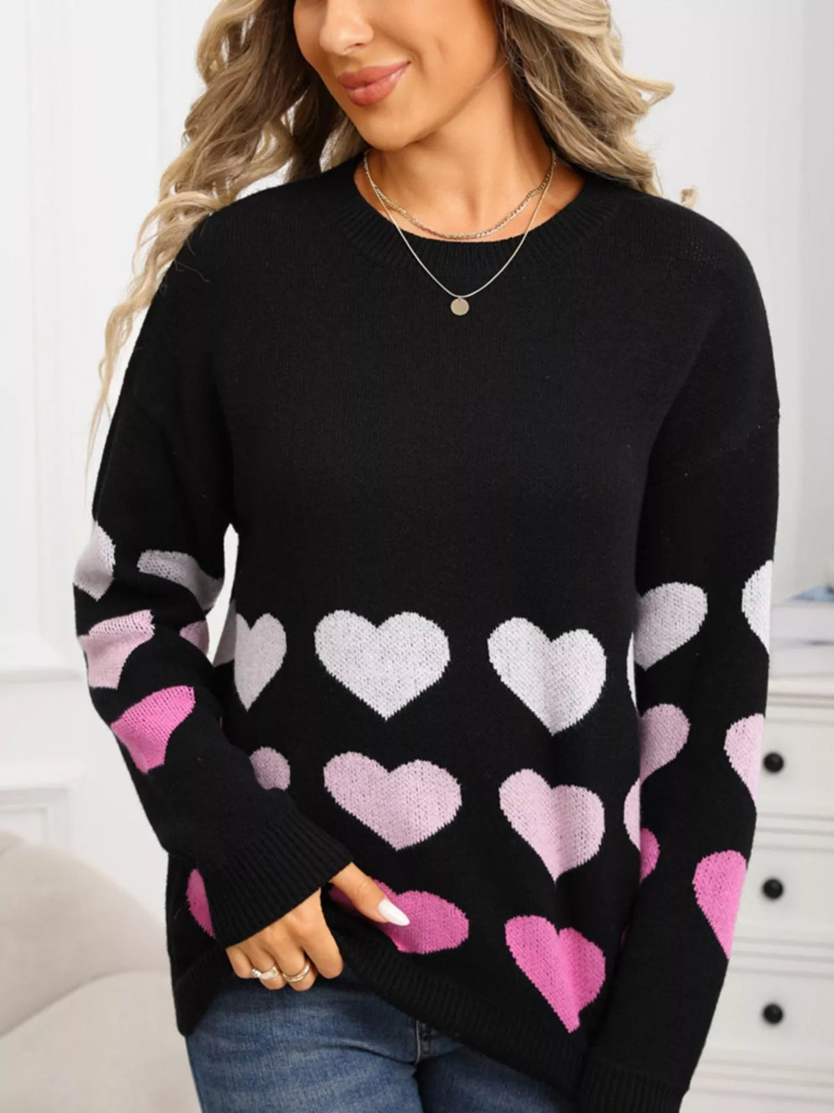 Valentine's Day Heart Pattern Crew Neck Sweater