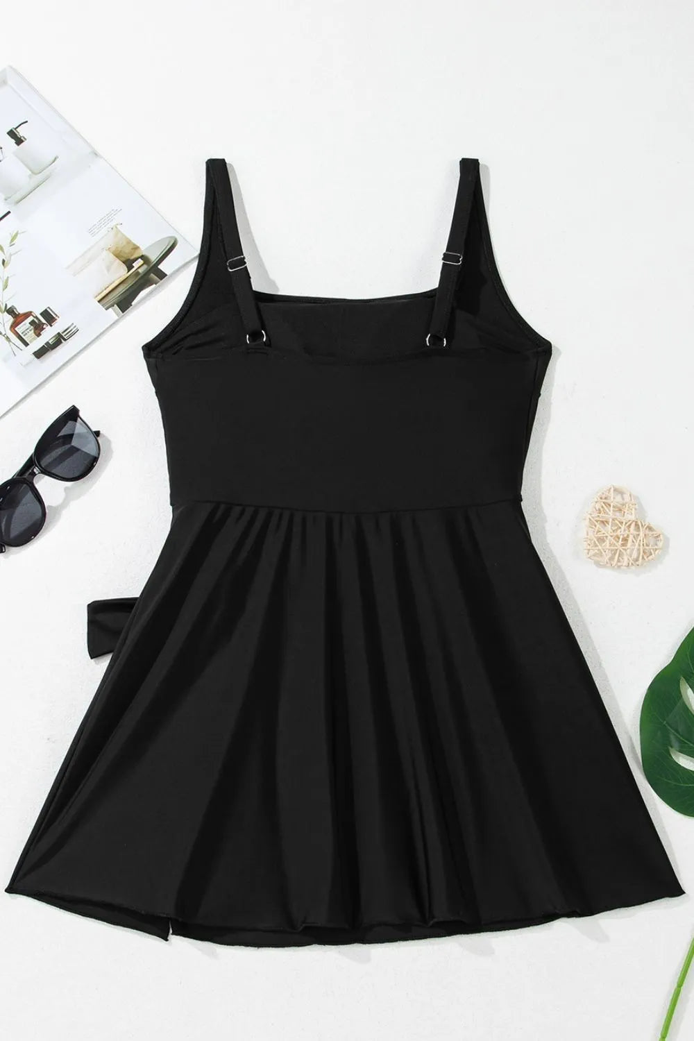 Side Tied Waist Square Neck Adjustable Straps A-line One Piece Swim Dress - Ladyez