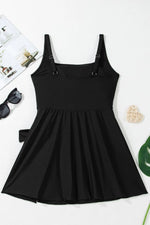 Side Tied Waist Square Neck Adjustable Straps A-line One Piece Swim Dress - Ladyez