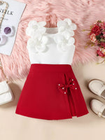 Children's Floral Applique Top & Bow Decor Skirt Set