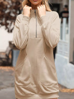 Zip Up Collared Ribbed Patchwork Sweatshirt Dress with Pockets