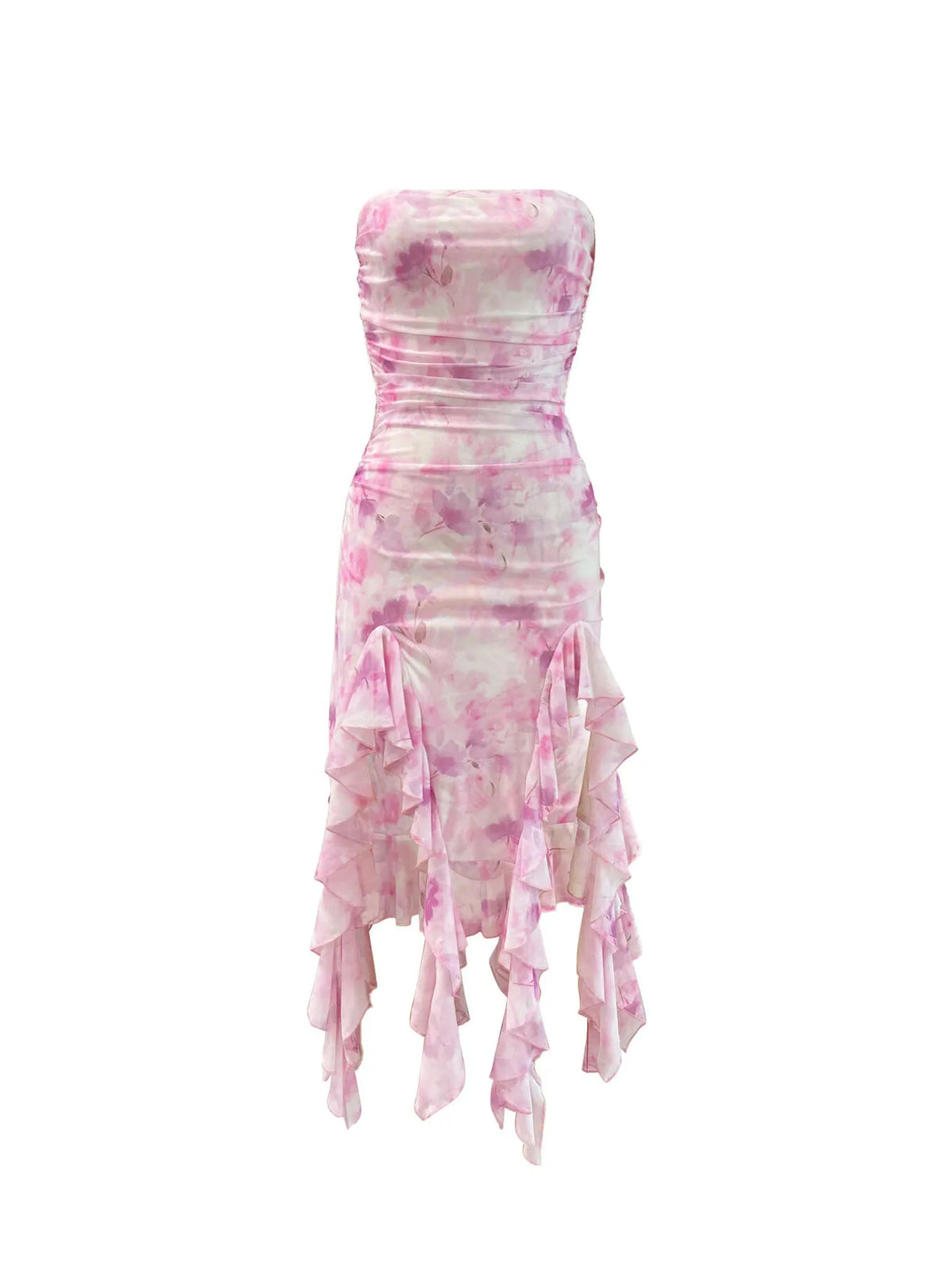 Tie-Dye Strapless Ruffle Hem Dress - Ladyez