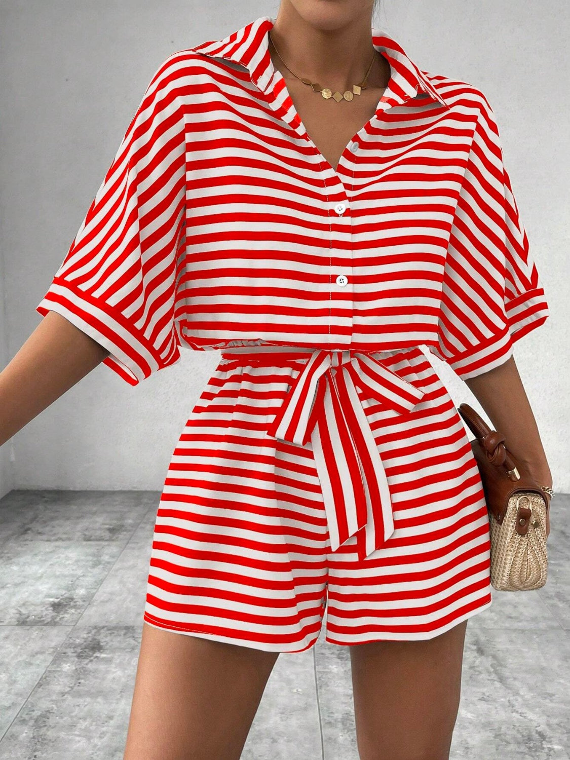 Tie Waist Half Button Striped Romper - Ladyez
