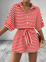 Tie Waist Half Button Striped Romper - Ladyez