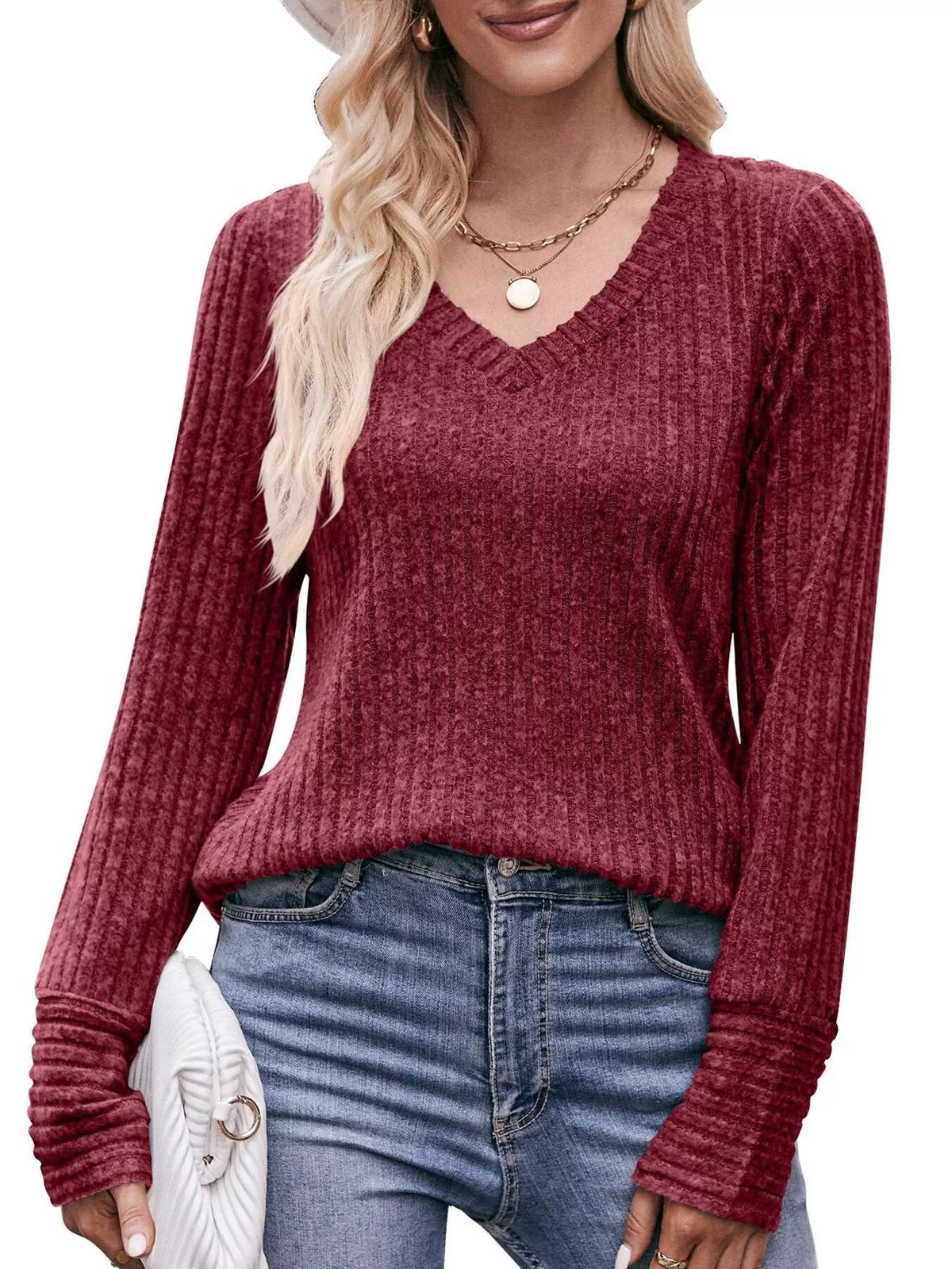 V-Neck Ribbed Knit Long Sleeve T-Shirt