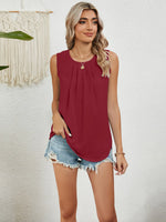 Round Neck Sleeveless Top with Pleated Front Detail - Ladyez