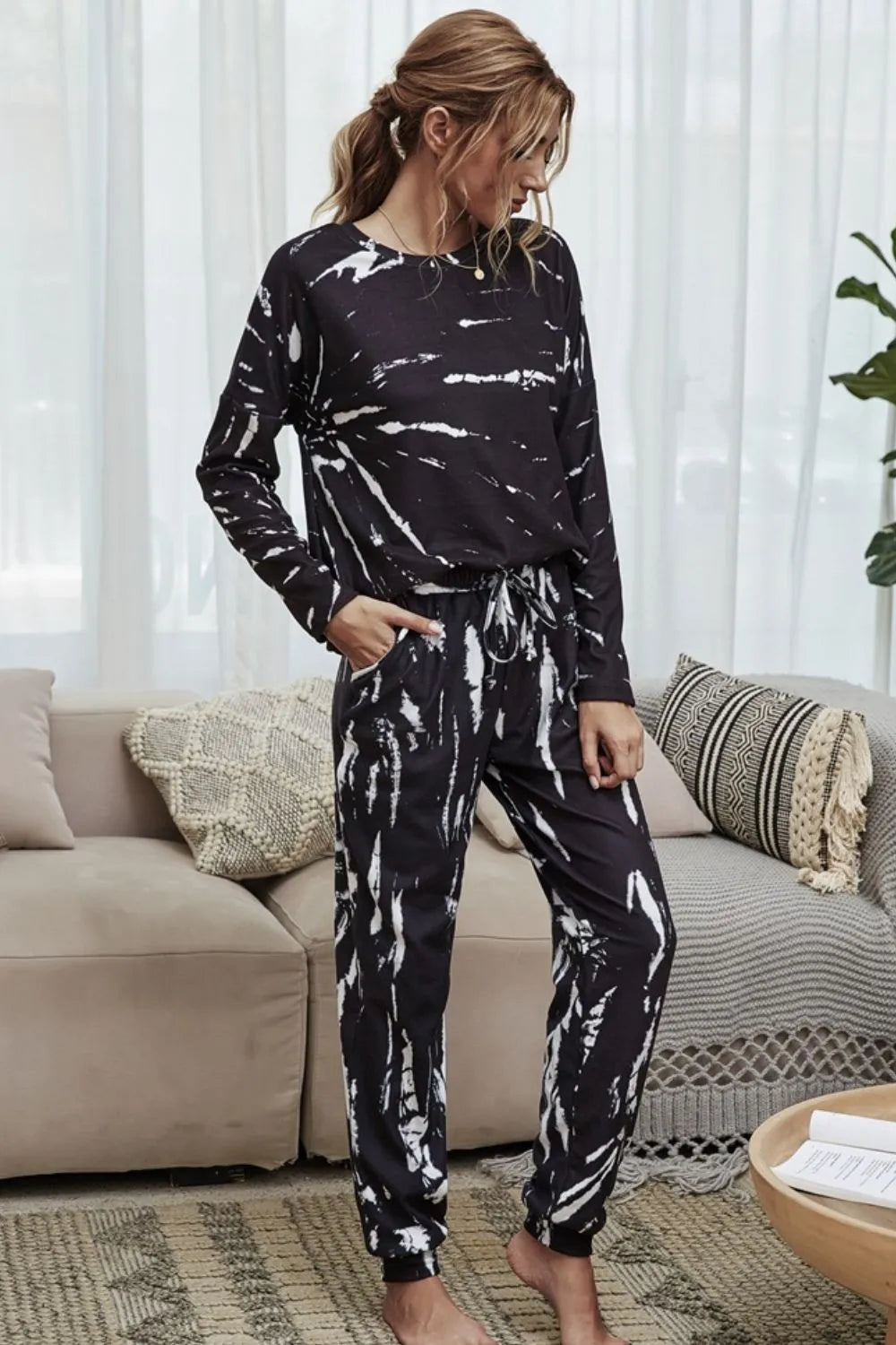 Shiny Tie-Dye Round Neck Top and Drawstring Waist Joggers Lounge Set - Ladyez
