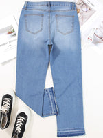 Whiskered Wash Raw Hem Cropped Jeans