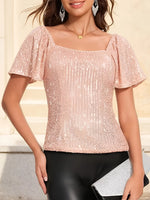Square Neck Sequin Short Sleeve Blouse - Ladyez
