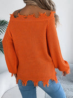Distressed Hem Openwork Off-Shoulder Sweater