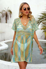 Angel Wings Openwork Contrast Short Sleeve Cover-Up - Ladyez