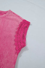 Mineral Wash Raw Seam Detail Lace Trim Cap Sleeve Top