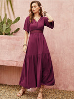 Openwork V-Neck Flare Sleeve Ruched Dress - Ladyez