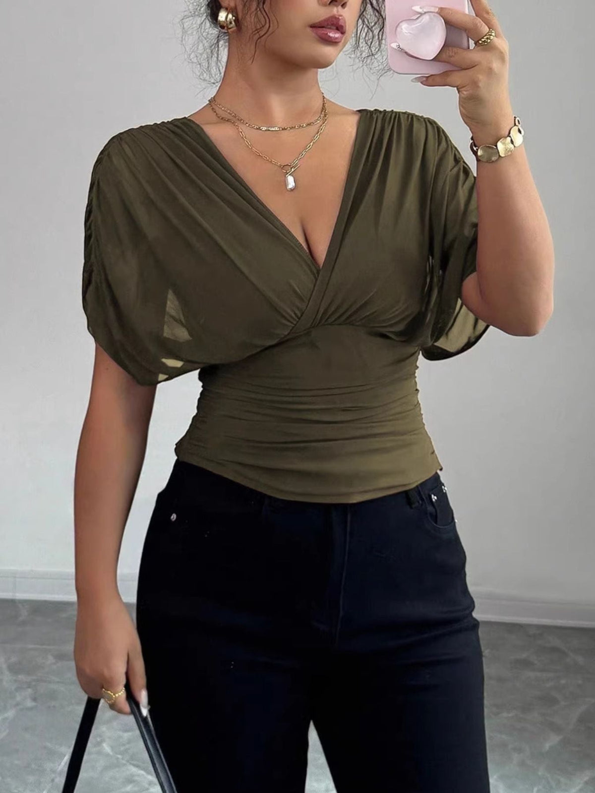 Ruched Surplice Short Sleeve Top