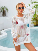 Angel Wings Sequin Star Round Neck Long Sleeve Cover Up - Ladyez