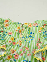 Stripe Floral Printed Scalloped Detail Ruffle Short Sleeve Blouse
