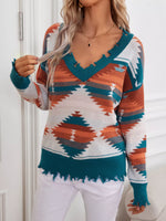 Geometric Frayed Hem V-Neck Long Sleeve Sweater