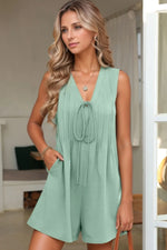 Tie V Neck Pintuck Sleeveless Loose Romper - Ladyez