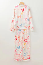Bow Print Collared Neck Long Sleeve Top and Pants Lounge Set - Ladyez