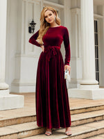 Tie Front Round Neck Long Sleeve Maxi Dress - Ladyez
