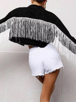 Fringe Button Up Cropped Denim Jacket