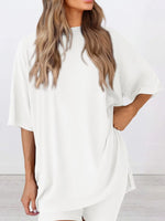 Full Size Oversized Slit Round Neck Top and Shorts Lounge Set Plus Size - Ladyez