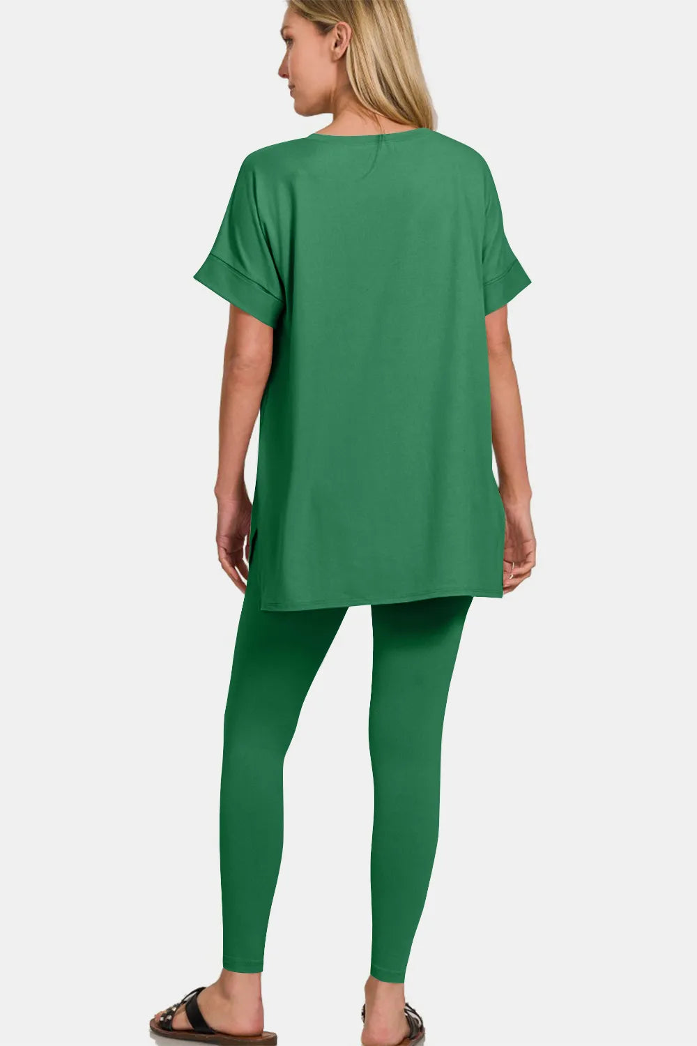 Zenana Full Size V-Neck Rolled Short Sleeve T-Shirt and Leggings Lounge Set - Ladyez