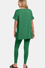 Zenana Full Size V-Neck Rolled Short Sleeve T-Shirt and Leggings Lounge Set - Ladyez