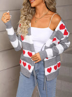 Valentine's Day Heart Pattern Striped Tie Front Cardigan
