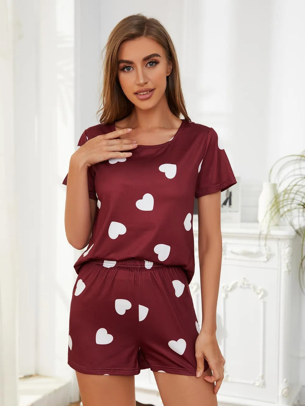 Heart Round Neck Top and Shorts Lounge Set - Ladyez